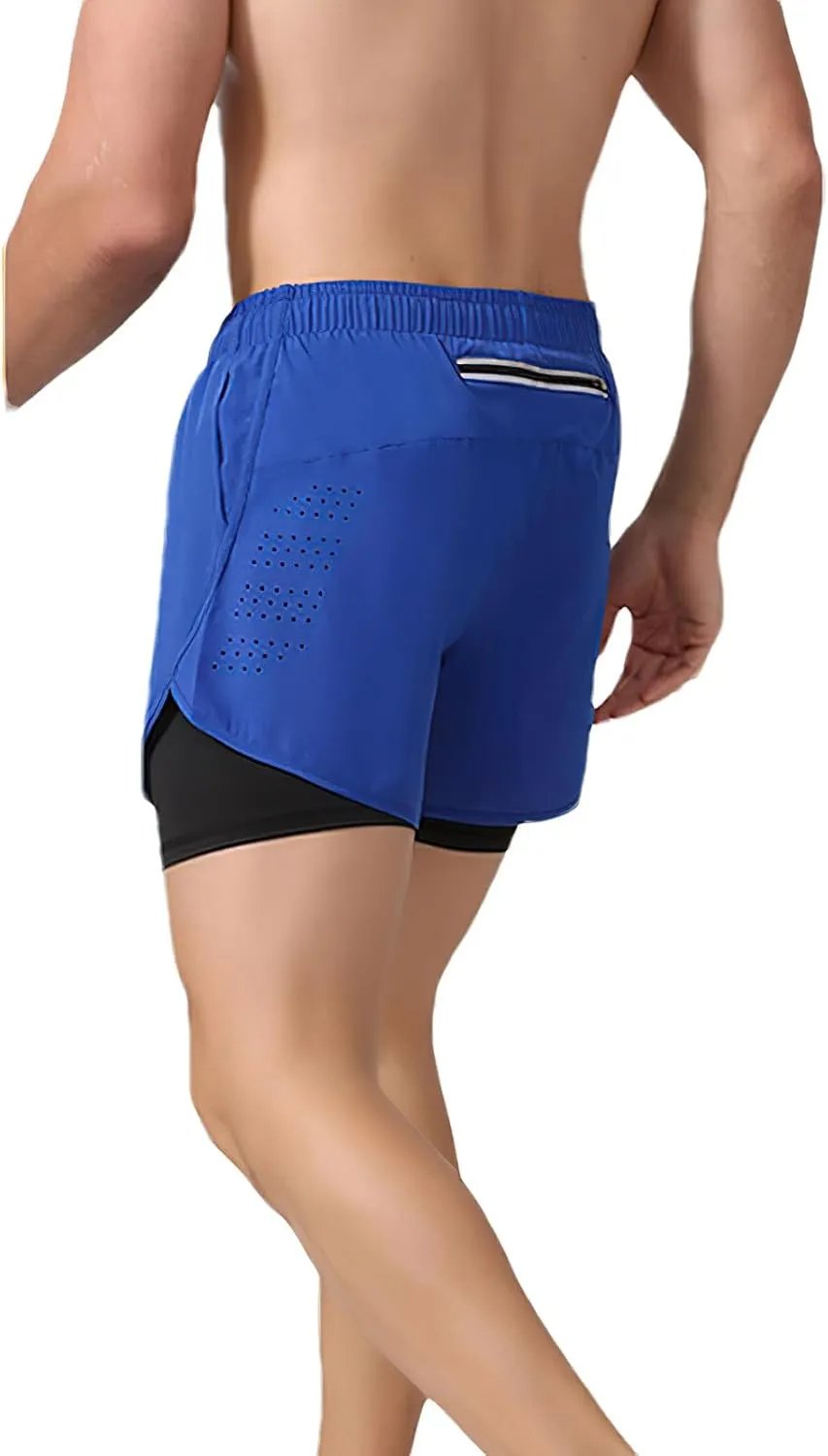 ANUFER Mens 2 in 1 Running Shorts Breathable Quick Dry Gym Workout Training Cycling Shorts with Liner & Phone Pocket
