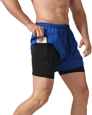ANUFER Mens 2 in 1 Running Shorts Breathable Quick Dry Gym Workout Training Cycling Shorts with Liner & Phone Pocket