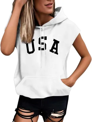 Athletic Tank Tops for Women Casual Sleeveless Letter Graphic Hoodies Workout Hooded Tank Vest with Ith Pocket