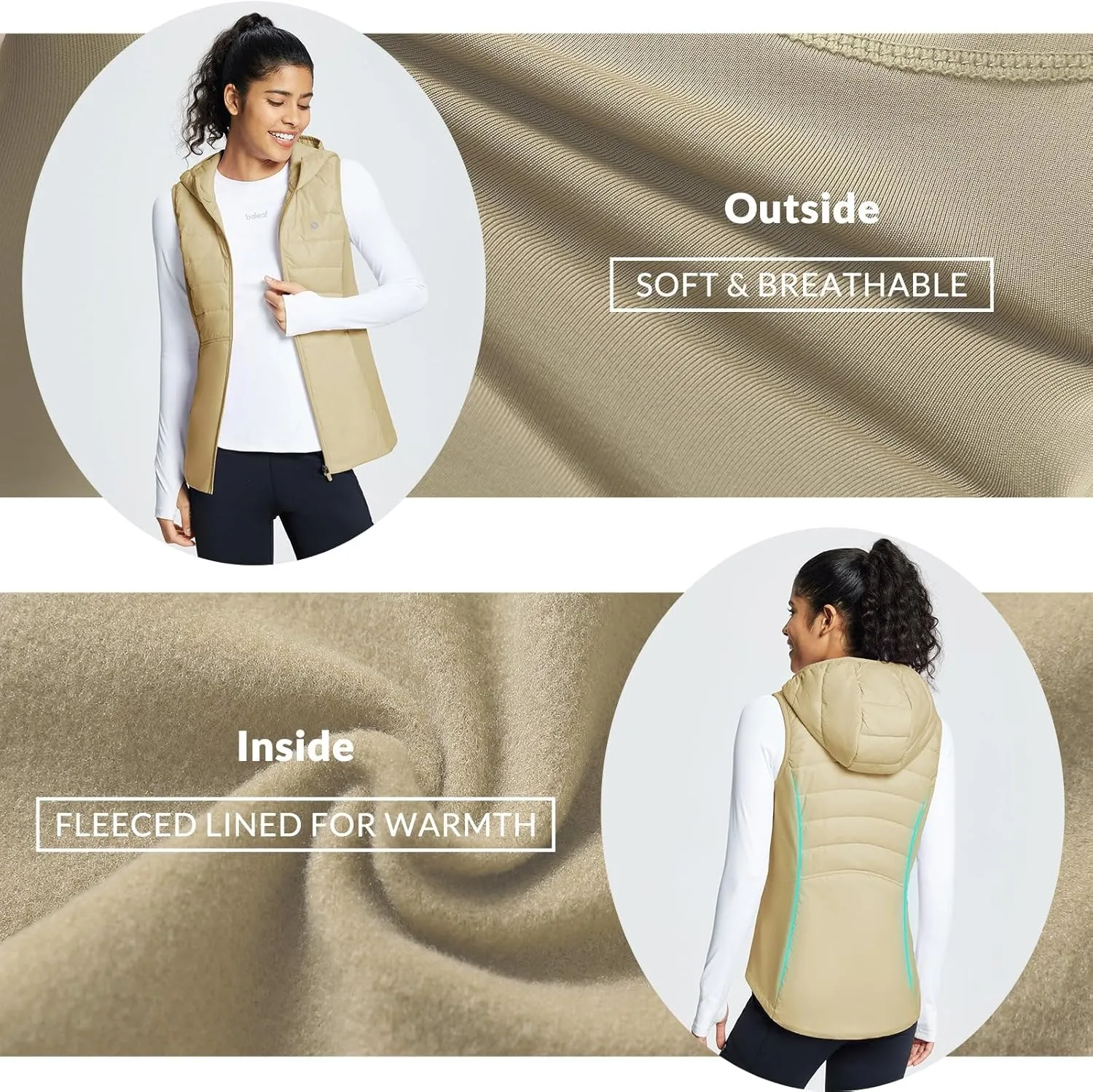 baleaf Women's Puffer Vest Hooded Running Vests Slim Fit Fleece Sleeveless Lightweight Jacket Fall Winter