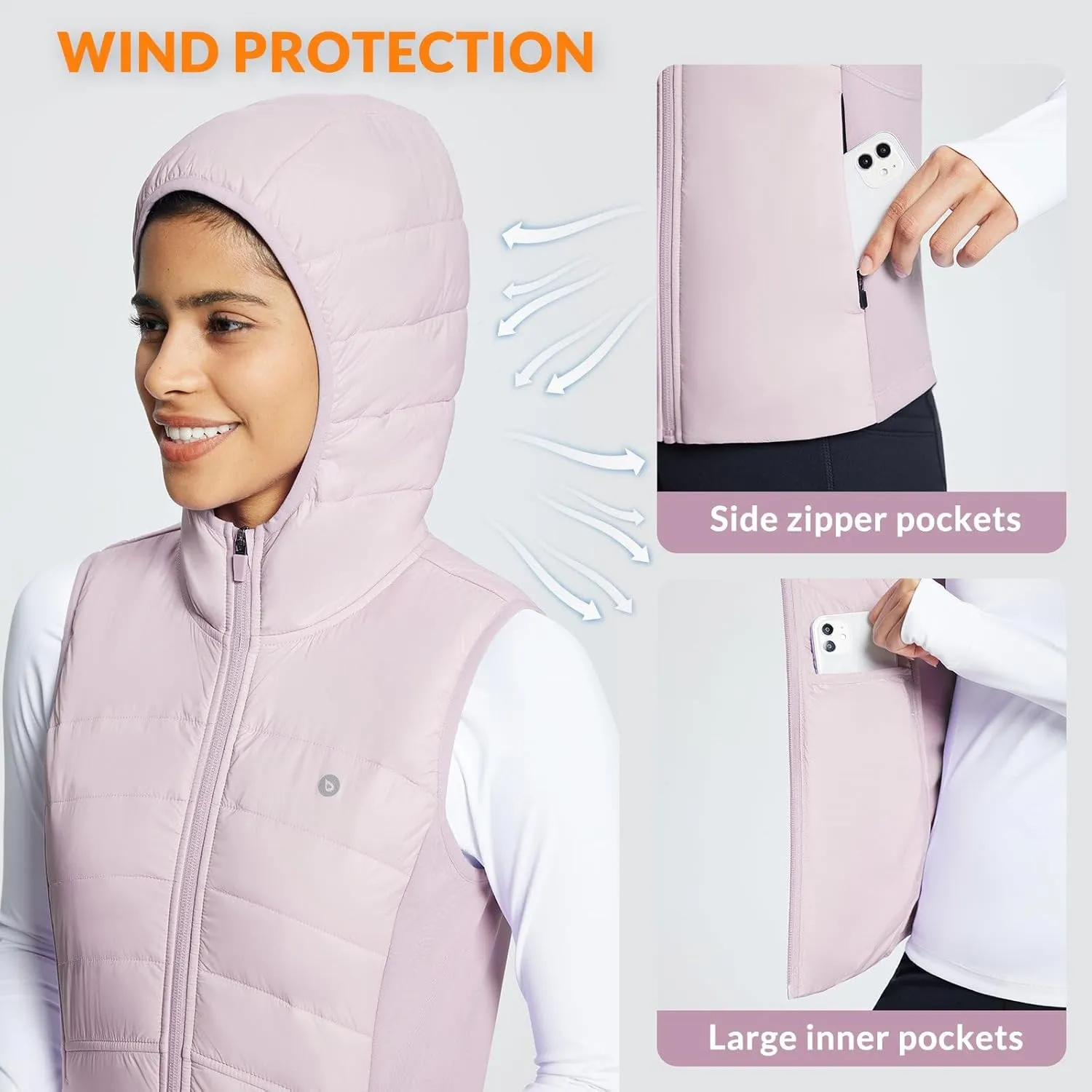 baleaf Women's Puffer Vest Hooded Running Vests Slim Fit Fleece Sleeveless Lightweight Jacket Fall Winter