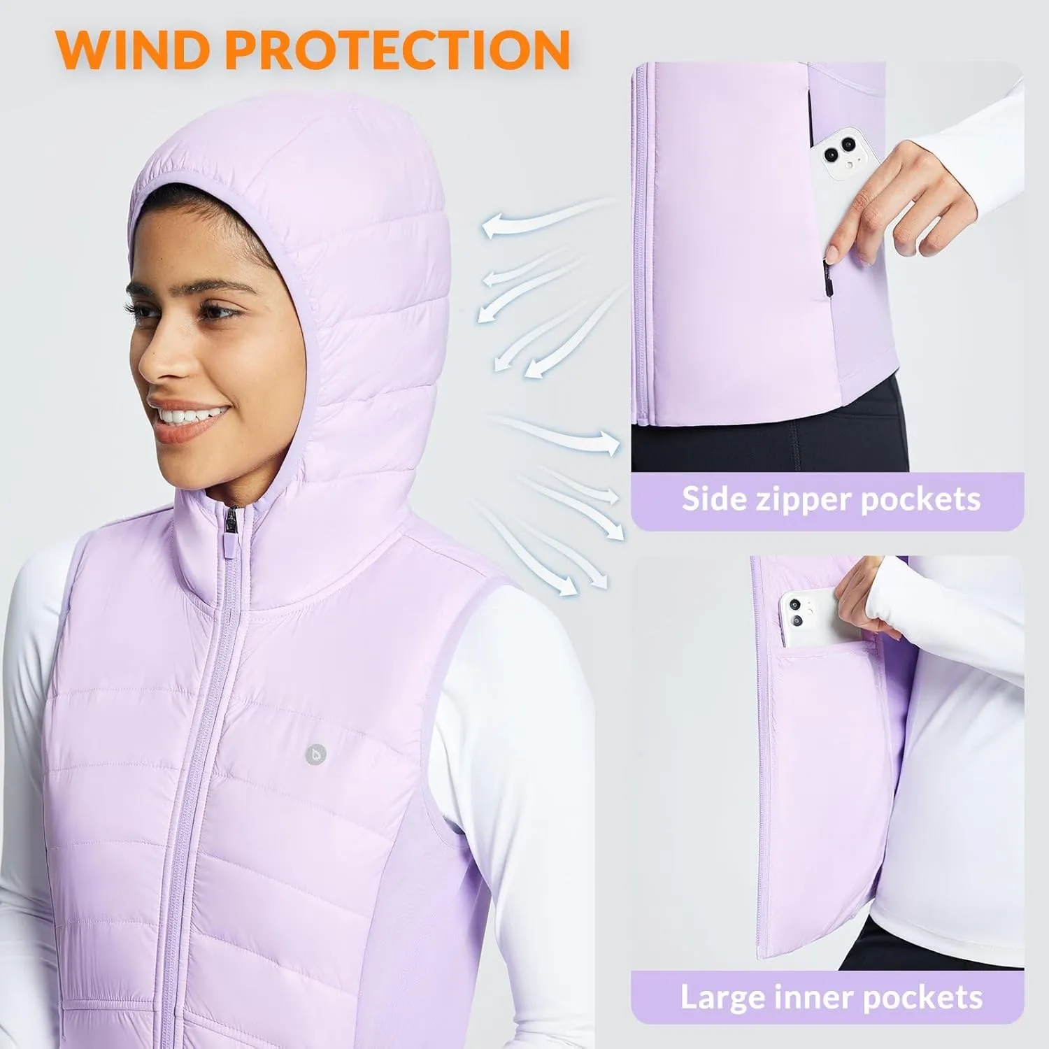 baleaf Women's Puffer Vest Hooded Running Vests Slim Fit Fleece Sleeveless Lightweight Jacket Fall Winter