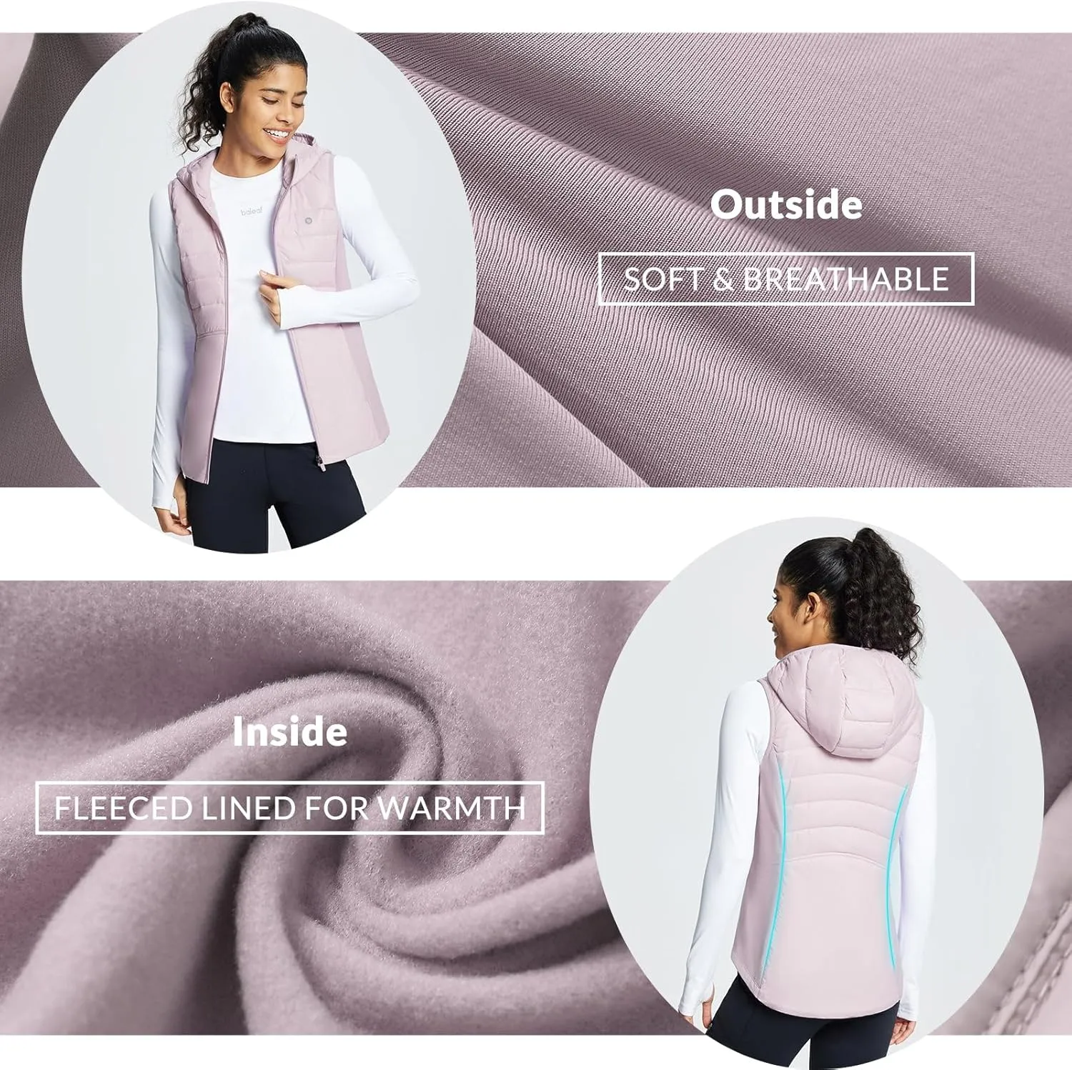 baleaf Women's Puffer Vest Hooded Running Vests Slim Fit Fleece Sleeveless Lightweight Jacket Fall Winter