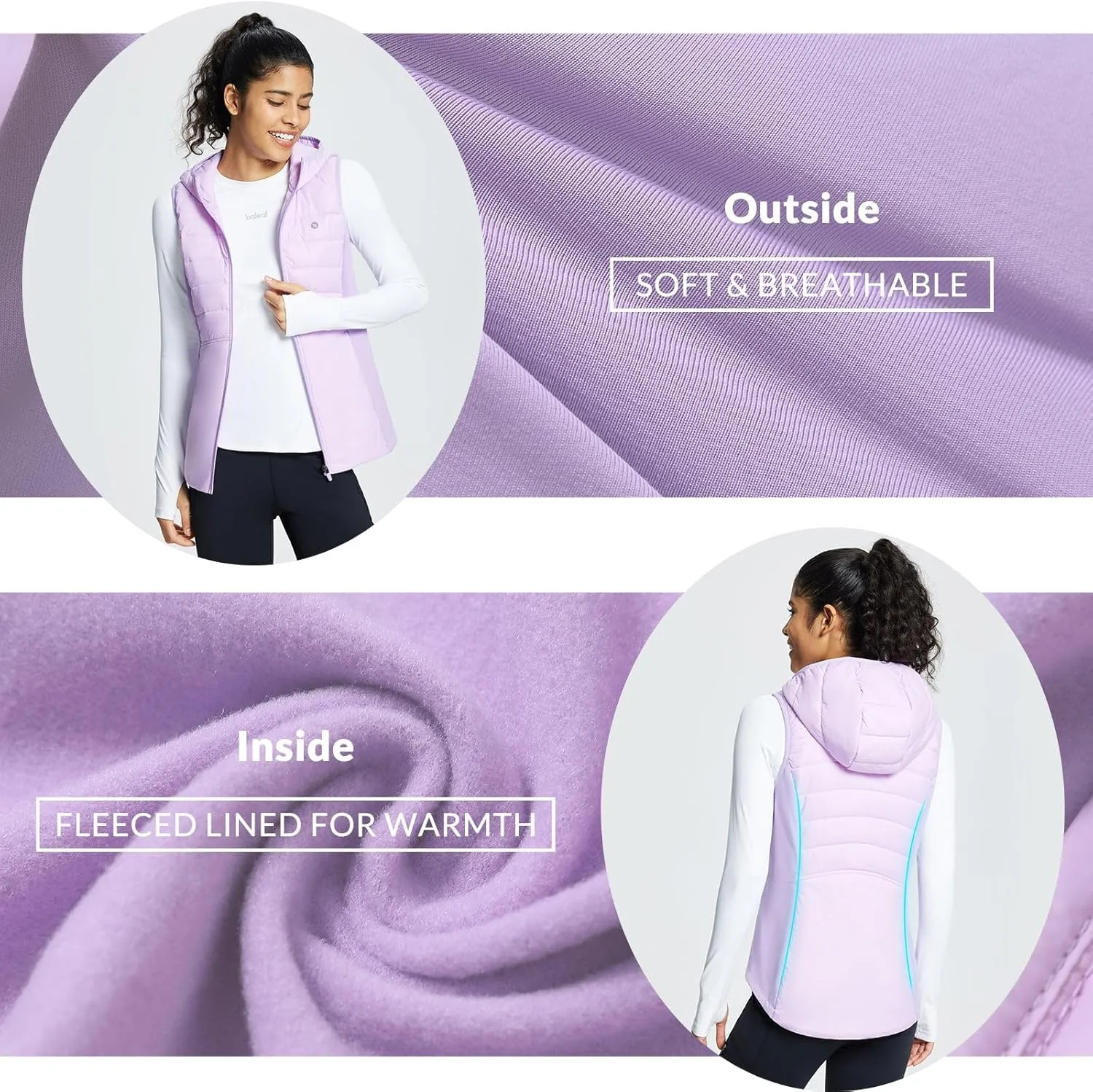 baleaf Women's Puffer Vest Hooded Running Vests Slim Fit Fleece Sleeveless Lightweight Jacket Fall Winter