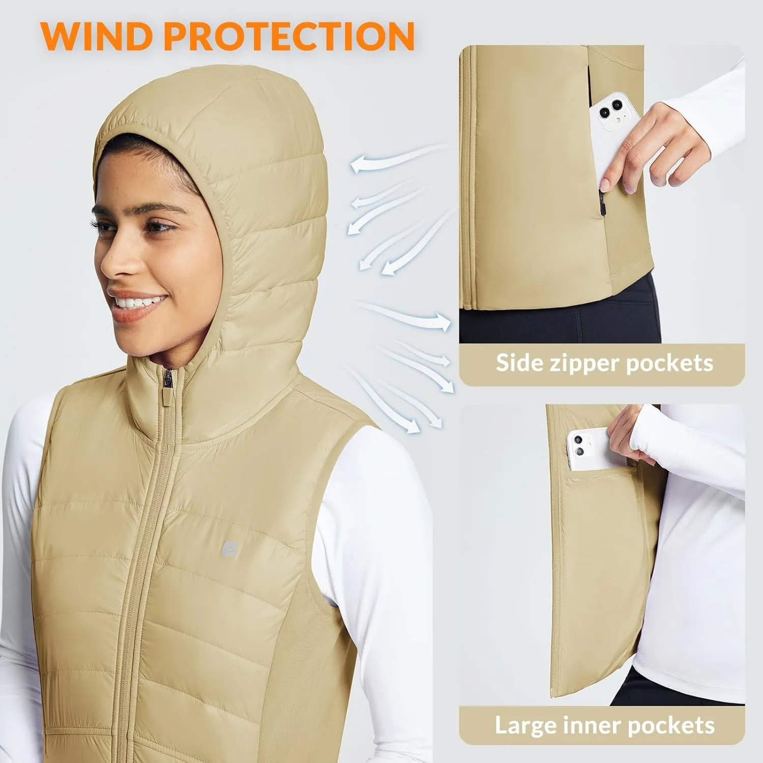 baleaf Women's Puffer Vest Hooded Running Vests Slim Fit Fleece Sleeveless Lightweight Jacket Fall Winter