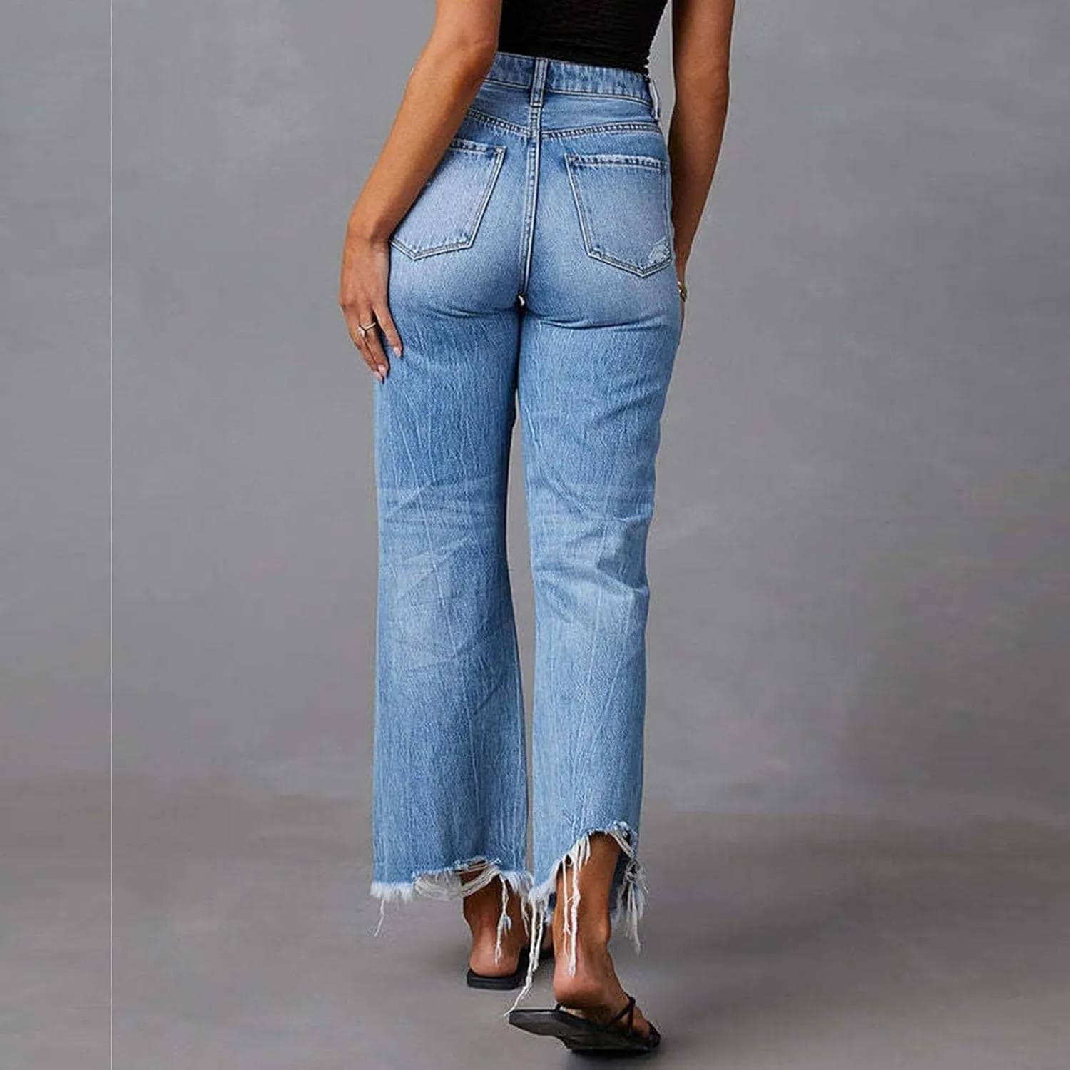 Bell Bottom Jeans for Women Ripped Skinny Bell Bottom Ladies Elastic Skinny Flared Raw Hem Flare Denim Pants