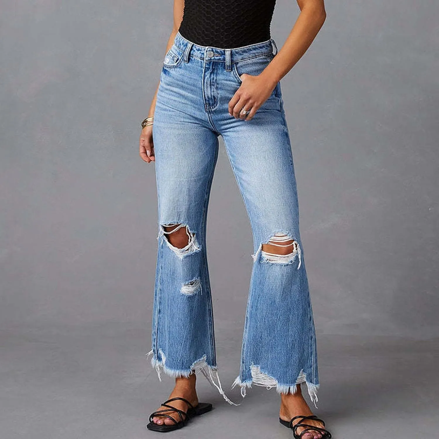 Bell Bottom Jeans for Women Ripped Skinny Bell Bottom Ladies Elastic Skinny Flared Raw Hem Flare Denim Pants