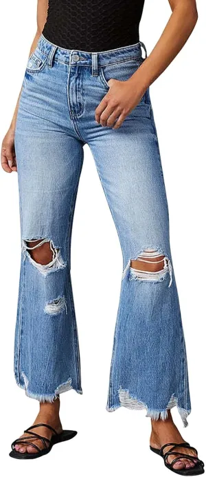 Bell Bottom Jeans for Women Ripped Skinny Bell Bottom Ladies Elastic Skinny Flared Raw Hem Flare Denim Pants