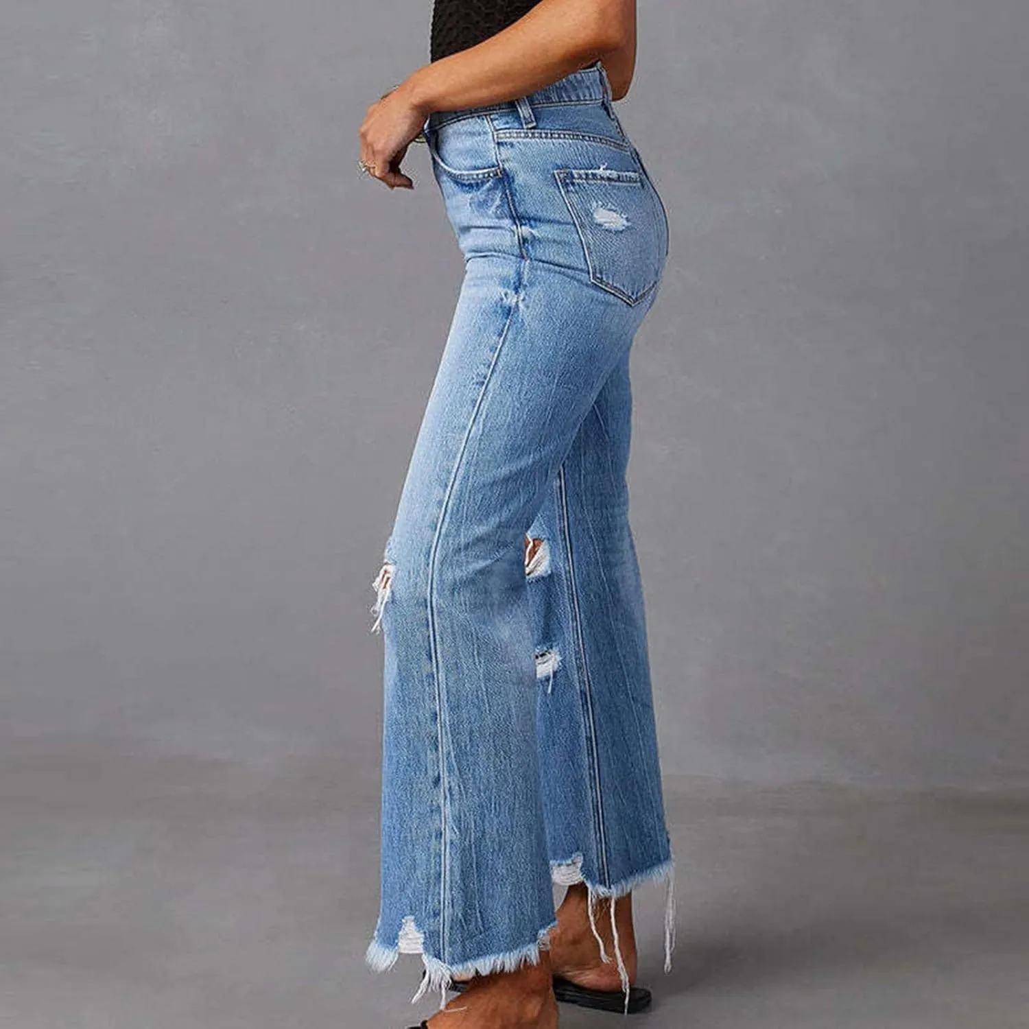 Bell Bottom Jeans for Women Ripped Skinny Bell Bottom Ladies Elastic Skinny Flared Raw Hem Flare Denim Pants