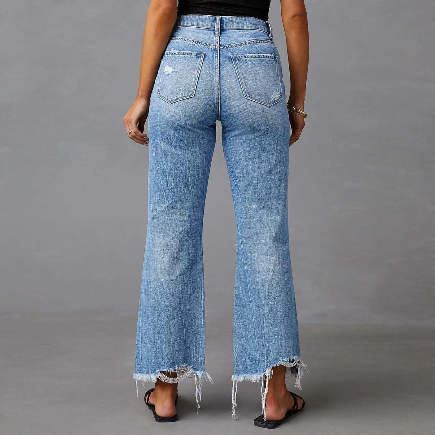 Bell Bottom Jeans for Women Ripped Skinny Bell Bottom Ladies Elastic Skinny Flared Raw Hem Flare Denim Pants