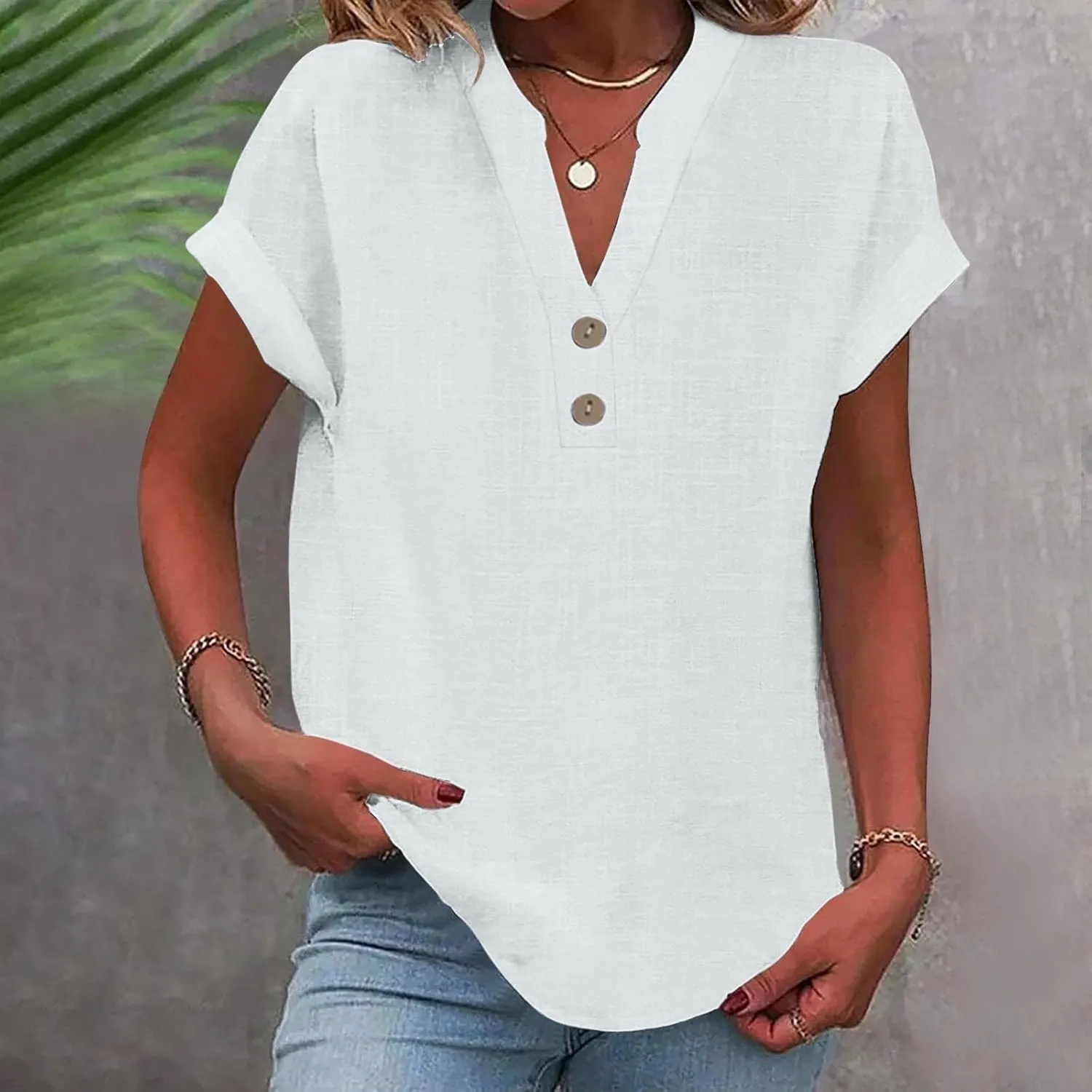 Binmer Half Button Linen Tops for Womens Oversized Short Sleeve V Neck Shirts Loose Fit Tunic Blouse Casual Summer Tee