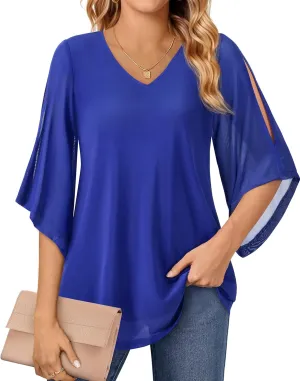 Blouse for Women Dressy Casual Summer Chiffon 3/4 Sleeve Tops Business Work Shirts Double Layered Tunic Evening Party