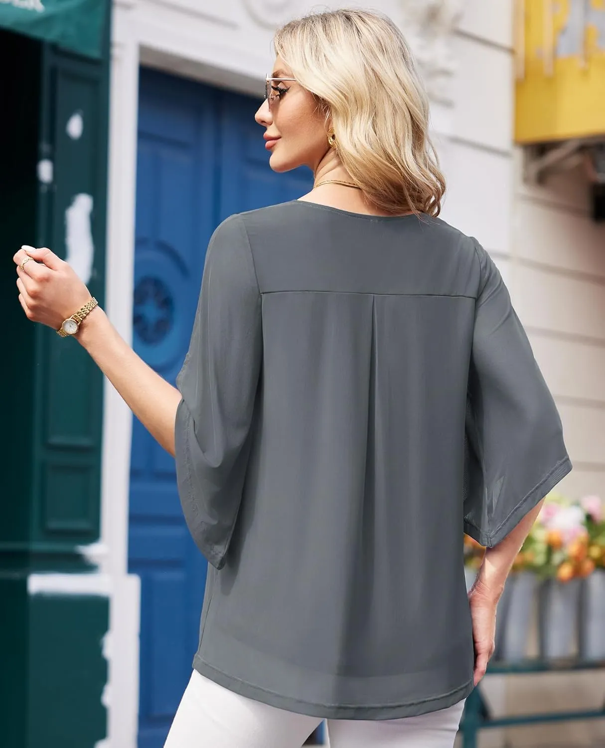 Blouse for Women Dressy Casual Summer Chiffon 3/4 Sleeve Tops Business Work Shirts Double Layered Tunic Evening Party