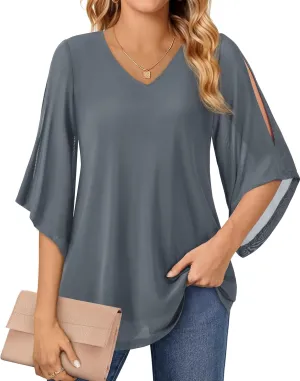 Blouse for Women Dressy Casual Summer Chiffon 3/4 Sleeve Tops Business Work Shirts Double Layered Tunic Evening Party