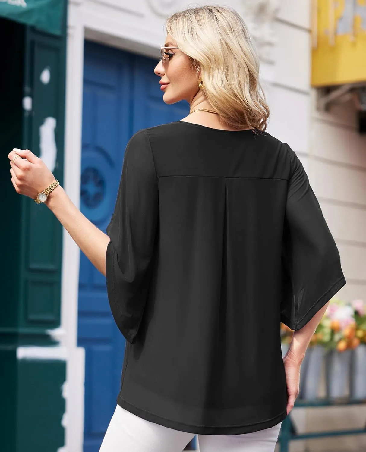 Blouse for Women Dressy Casual Summer Chiffon 3/4 Sleeve Tops Business Work Shirts Double Layered Tunic Evening Party