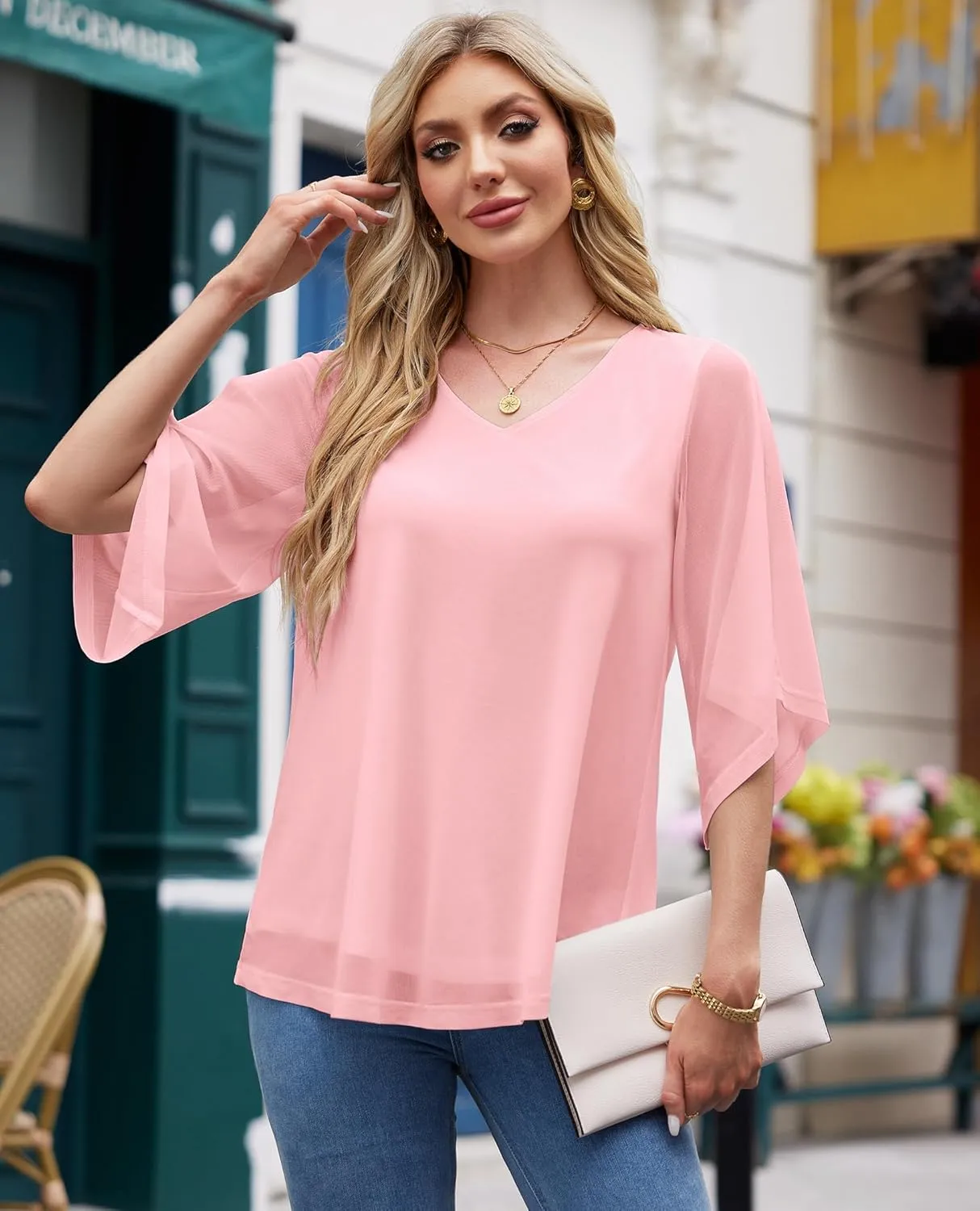 Blouse for Women Dressy Casual Summer Chiffon 3/4 Sleeve Tops Business Work Shirts Double Layered Tunic Evening Party
