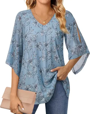 Blouse for Women Dressy Casual Summer Chiffon 3/4 Sleeve Tops Business Work Shirts Double Layered Tunic Evening Party