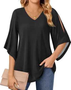 Blouse for Women Dressy Casual Summer Chiffon 3/4 Sleeve Tops Business Work Shirts Double Layered Tunic Evening Party