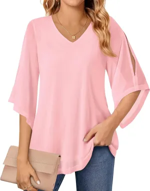 Blouse for Women Dressy Casual Summer Chiffon 3/4 Sleeve Tops Business Work Shirts Double Layered Tunic Evening Party