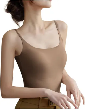 Built in Bra Cami Tops for Women Scoop Neck Seamless Compression Tank Tops Undershirts Spaghetti Strap Ladies Camisole