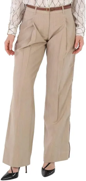 BURBERRY Camel Melange Wool Leather Stripe Tailored Trousers, Brand Size 8 (US Size 6)