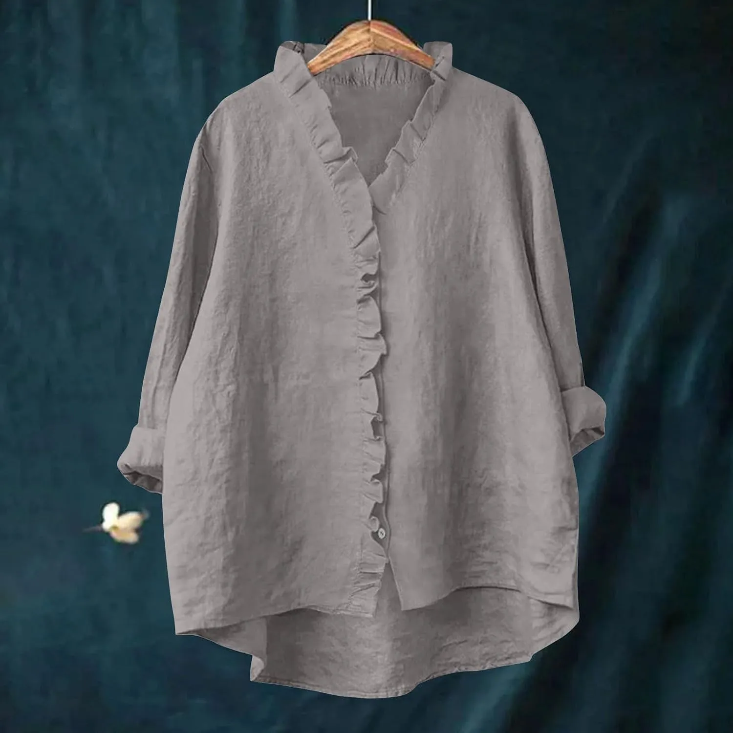 Button Down Shirt for Women Dressy Casual Cotton Linen 3/4 Sleeve Hi-Low Hem Blouse Ruffle Trim V Neck Summer Beach Tops