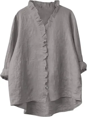 Button Down Shirt for Women Dressy Casual Cotton Linen 3/4 Sleeve Hi-Low Hem Blouse Ruffle Trim V Neck Summer Beach Tops