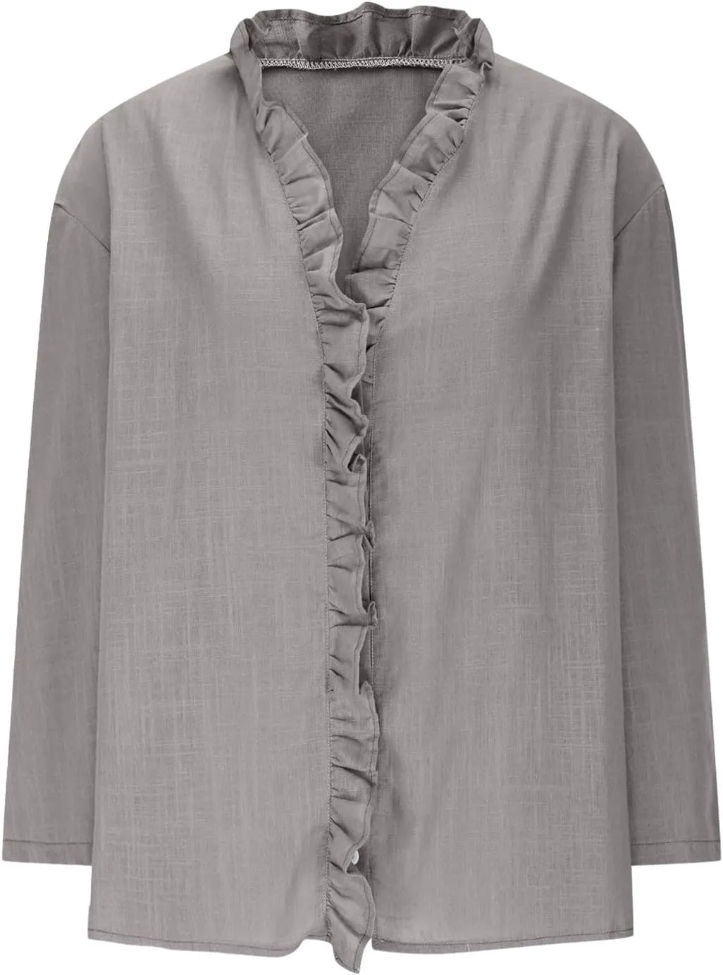Button Down Shirt for Women Dressy Casual Cotton Linen 3/4 Sleeve Hi-Low Hem Blouse Ruffle Trim V Neck Summer Beach Tops
