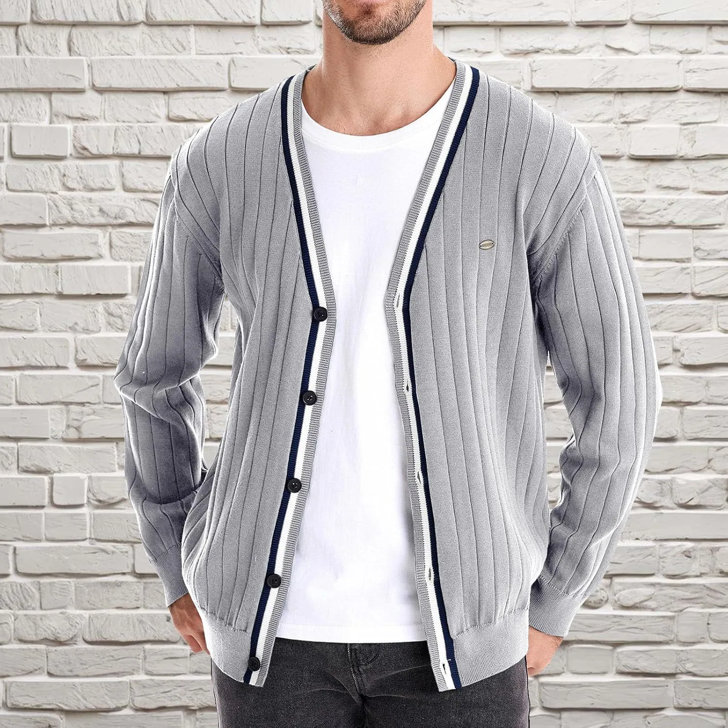 Cardigan Sweaters for Men Casual Long Sleeve Open Fornt V Neck Button Down Knit Sweaters Jacket with Pockets