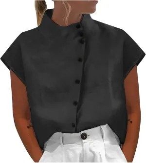 Ceboyel Women Linen Summer Shirt Dressy Causal Boho Blouses Short Sleeve Turtle Neck Tops Trendy Ladies Going Out Clothes