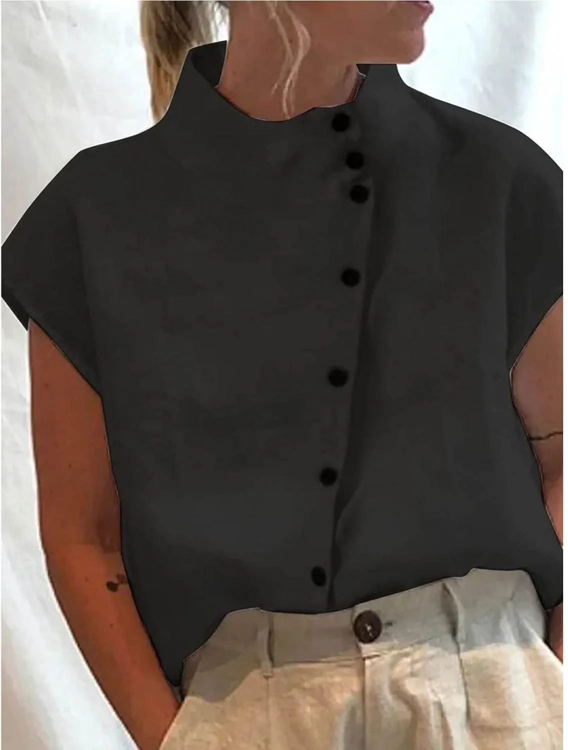 Ceboyel Women Linen Summer Shirt Dressy Causal Boho Blouses Short Sleeve Turtle Neck Tops Trendy Ladies Going Out Clothes