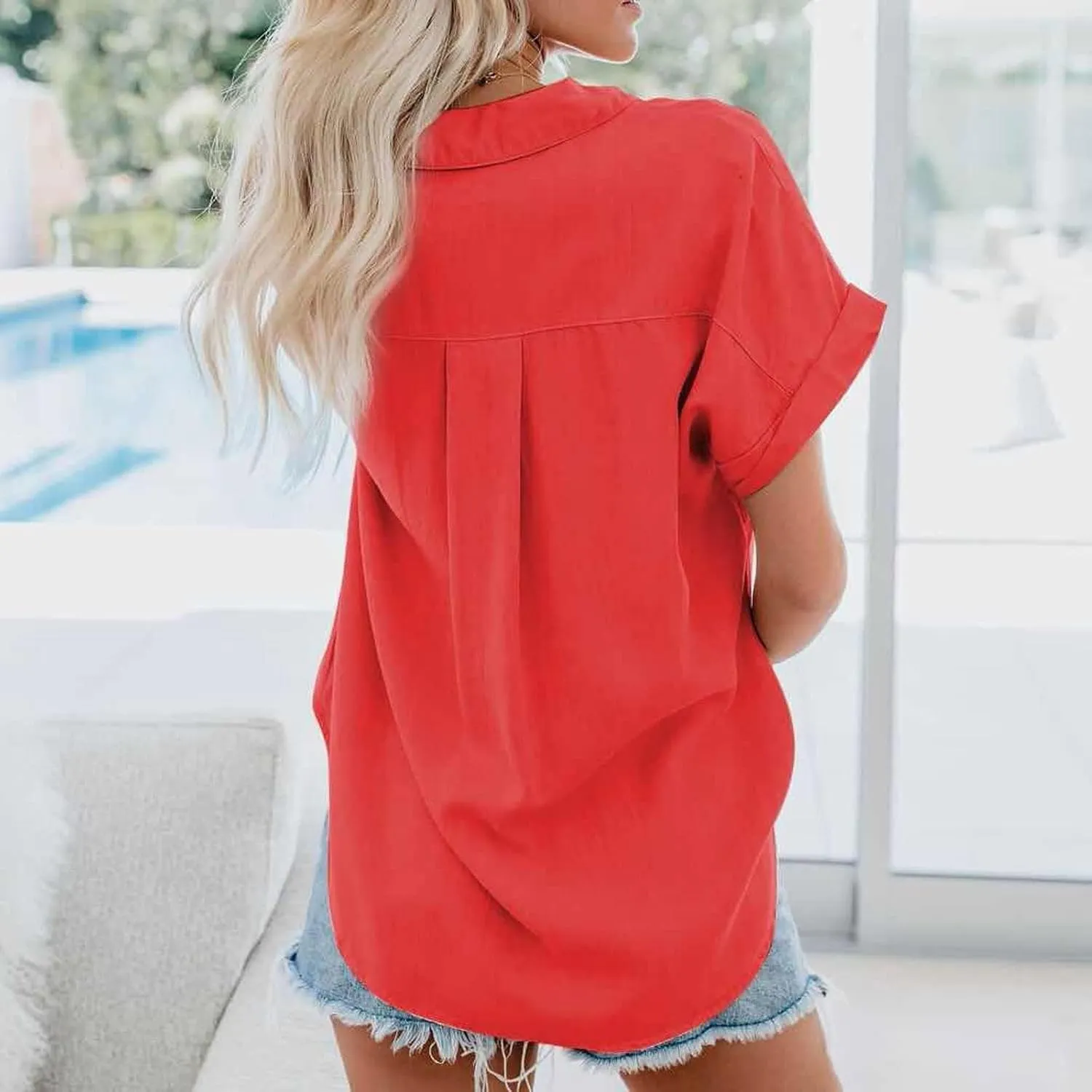 Ceboyel Womens Cotton Linen Button Down Shirts Short Sleeve Summer Tops Dressy Casual Collared Cute Ladies Work Blouses