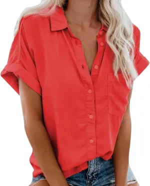 Ceboyel Womens Cotton Linen Button Down Shirts Short Sleeve Summer Tops Dressy Casual Collared Cute Ladies Work Blouses
