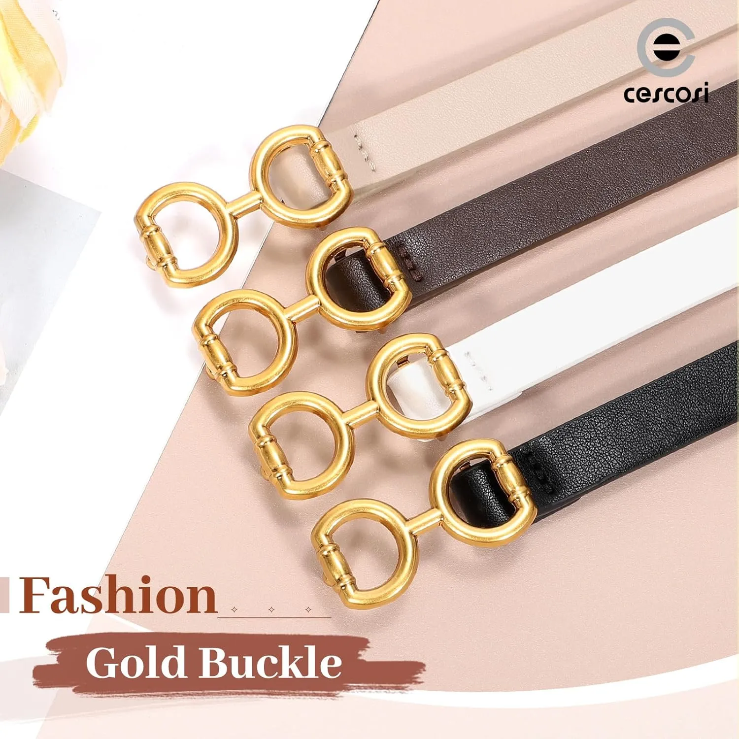CESCOSI 4 Pack Skinny Women Leather Belt for Dresses Thin Waist Belt for Jeans Pants with Gold Buckle