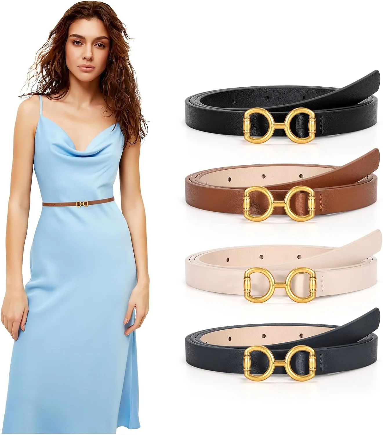 CESCOSI 4 Pack Skinny Women Leather Belt for Dresses Thin Waist Belt for Jeans Pants with Gold Buckle