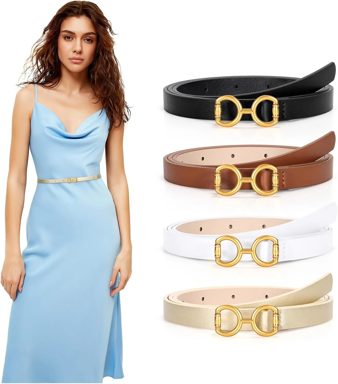 CESCOSI 4 Pack Skinny Women Leather Belt for Dresses Thin Waist Belt for Jeans Pants with Gold Buckle
