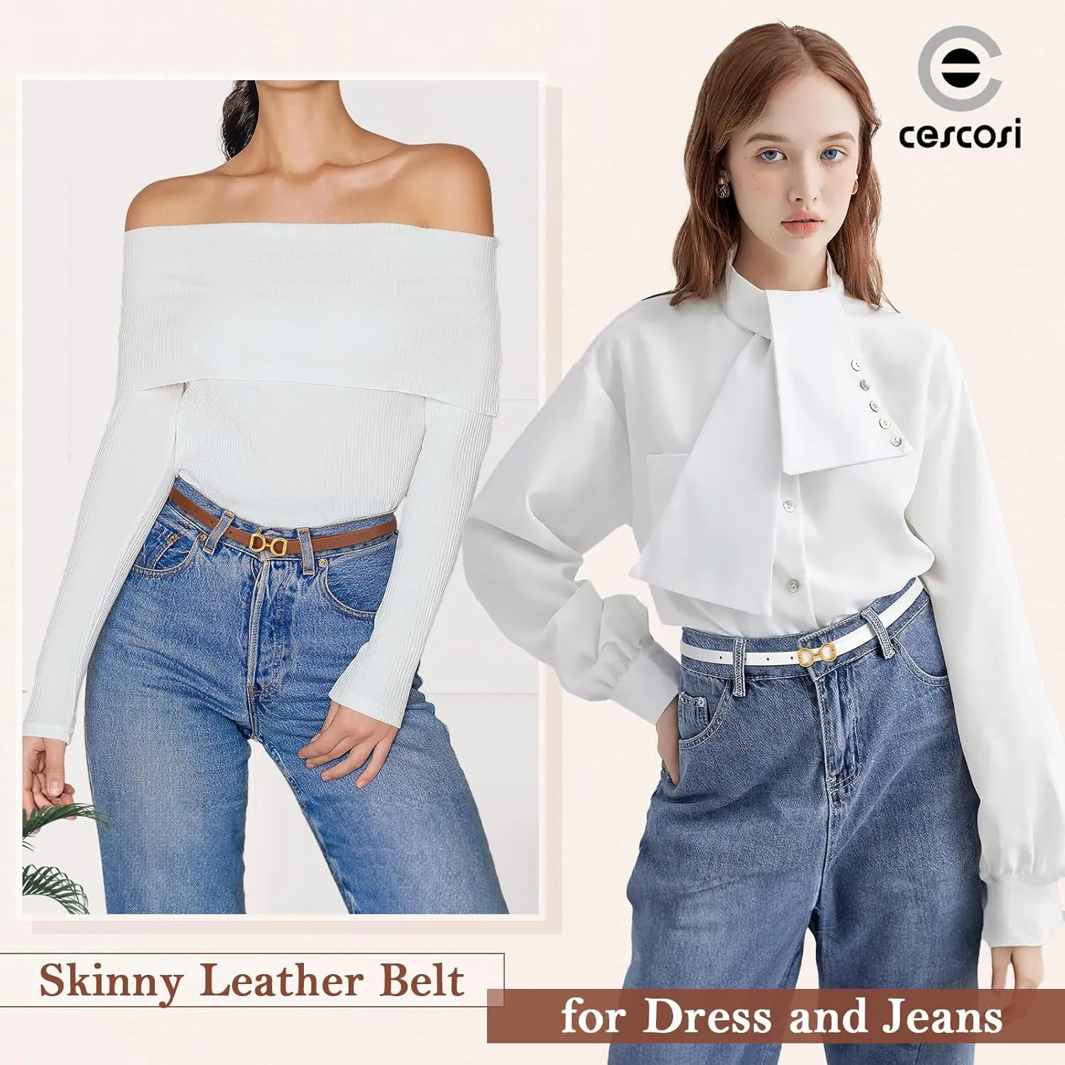 CESCOSI 4 Pack Skinny Women Leather Belt for Dresses Thin Waist Belt for Jeans Pants with Gold Buckle