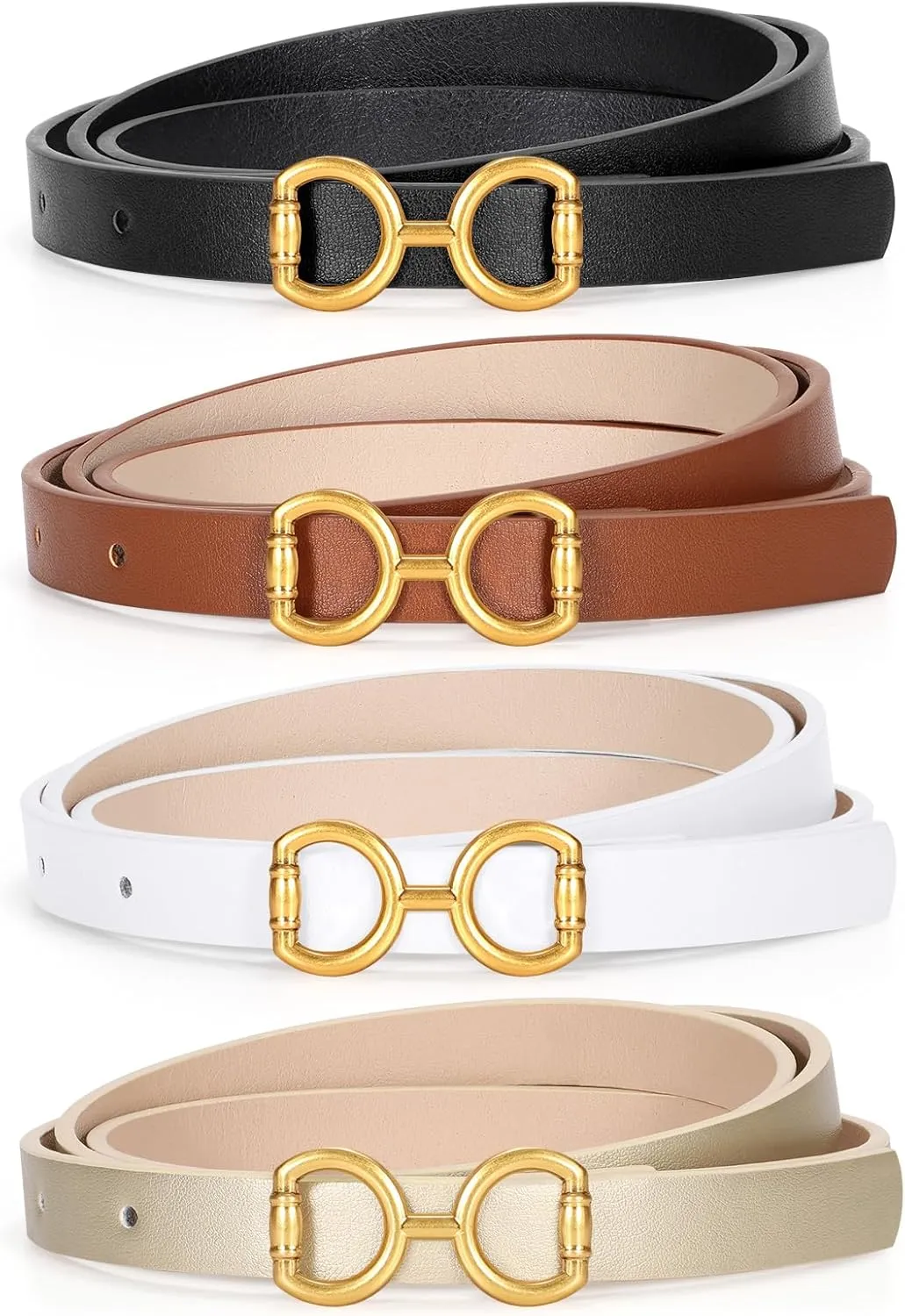 CESCOSI 4 Pack Skinny Women Leather Belt for Dresses Thin Waist Belt for Jeans Pants with Gold Buckle