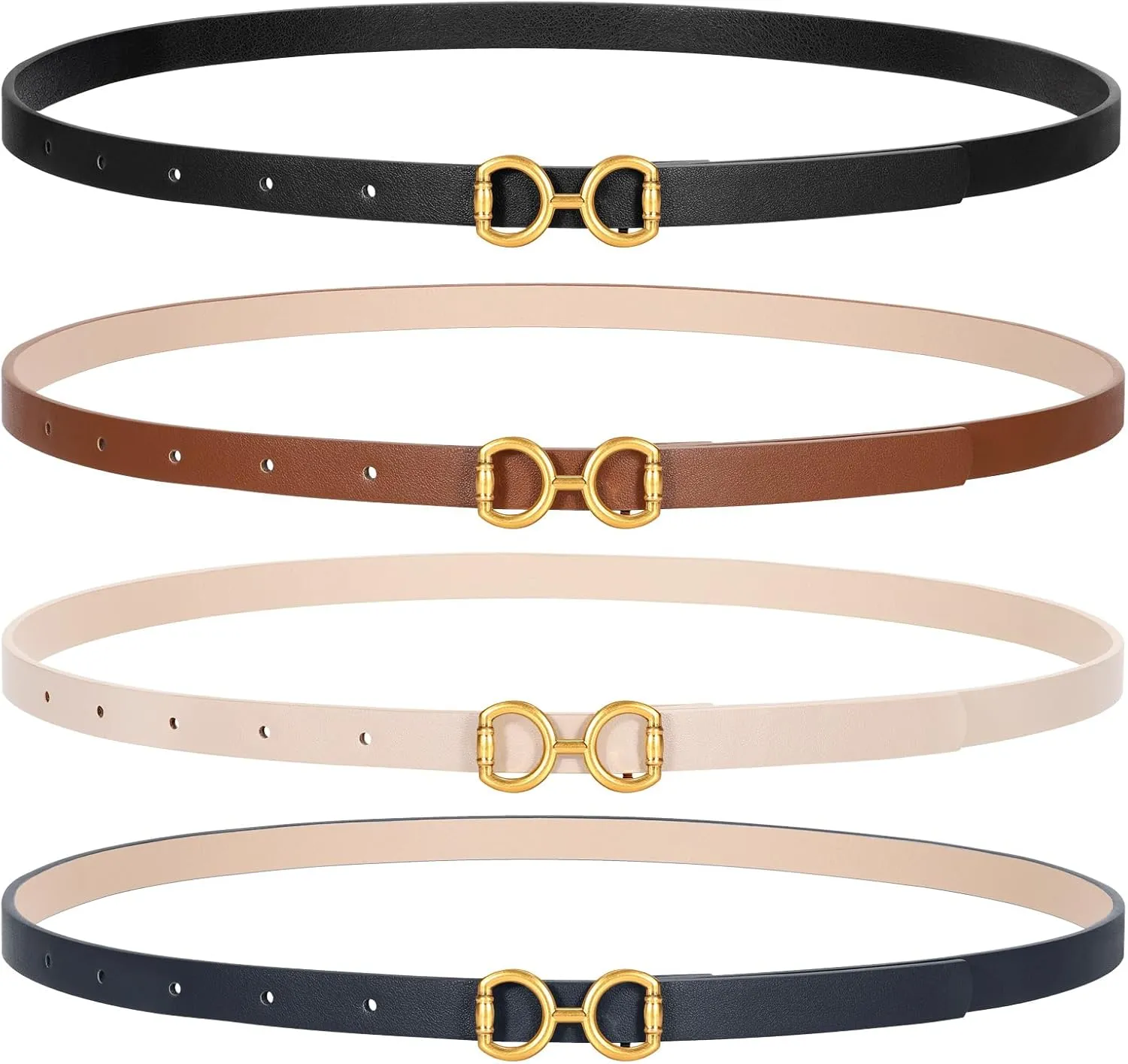 CESCOSI 4 Pack Skinny Women Leather Belt for Dresses Thin Waist Belt for Jeans Pants with Gold Buckle
