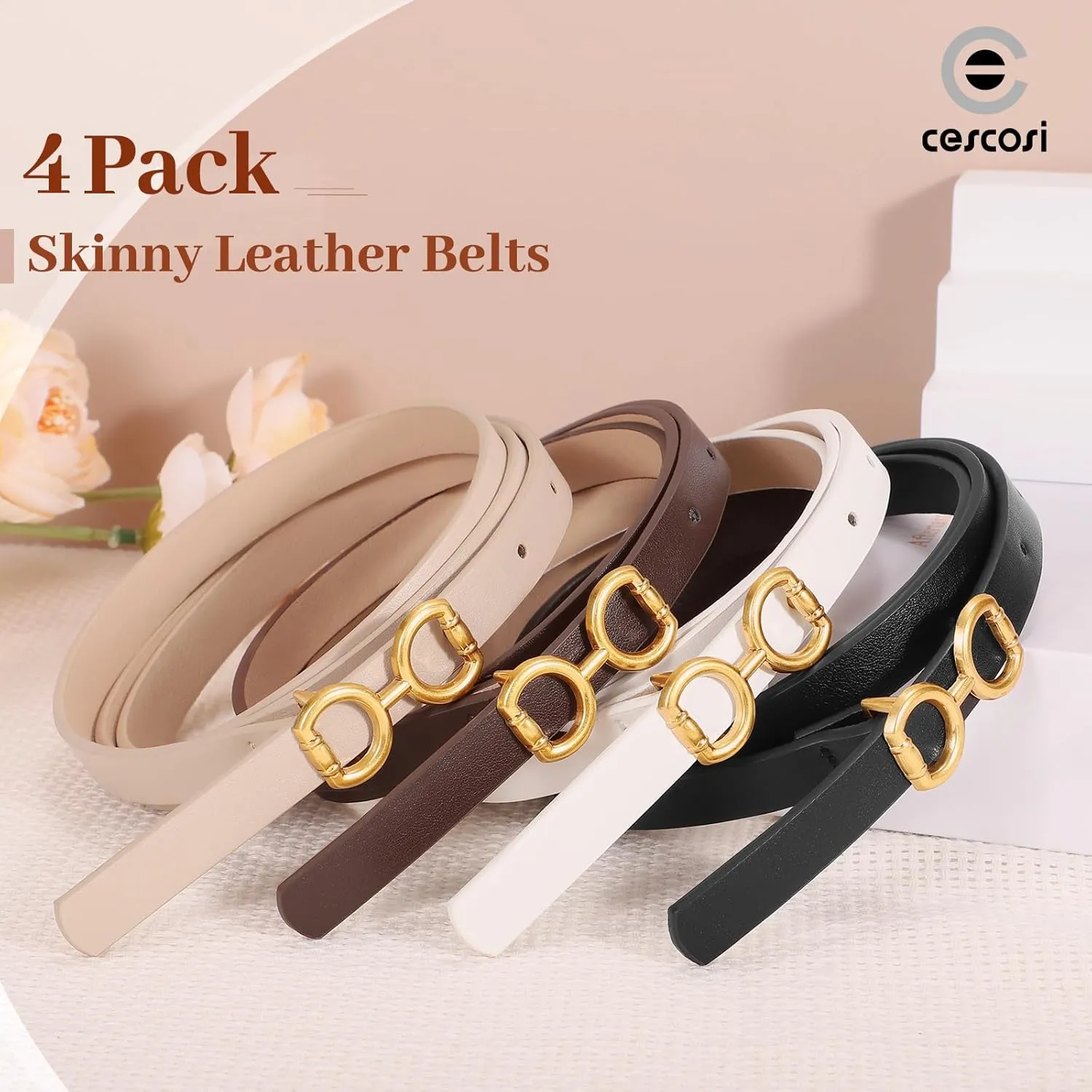 CESCOSI 4 Pack Skinny Women Leather Belt for Dresses Thin Waist Belt for Jeans Pants with Gold Buckle