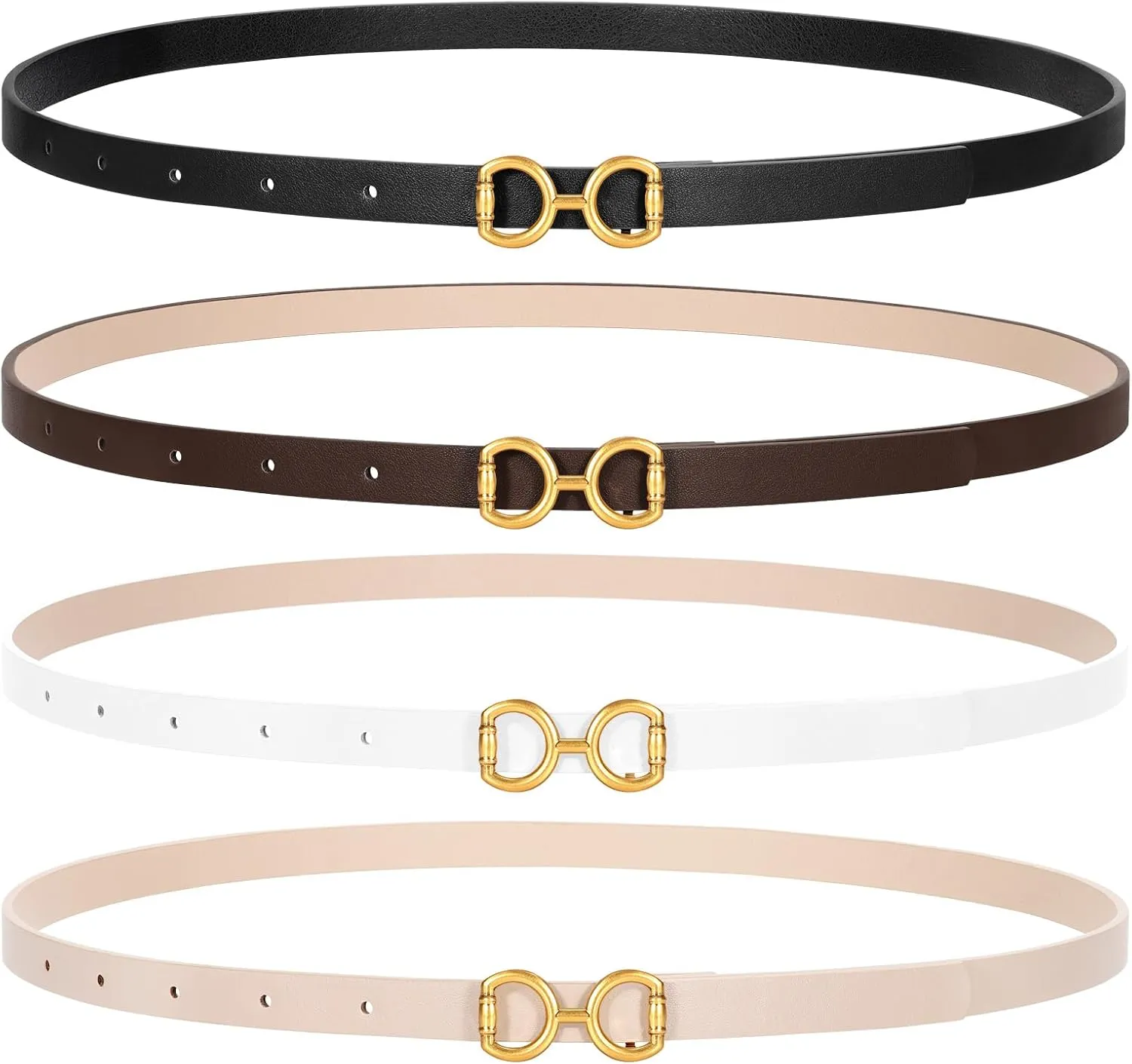 CESCOSI 4 Pack Skinny Women Leather Belt for Dresses Thin Waist Belt for Jeans Pants with Gold Buckle