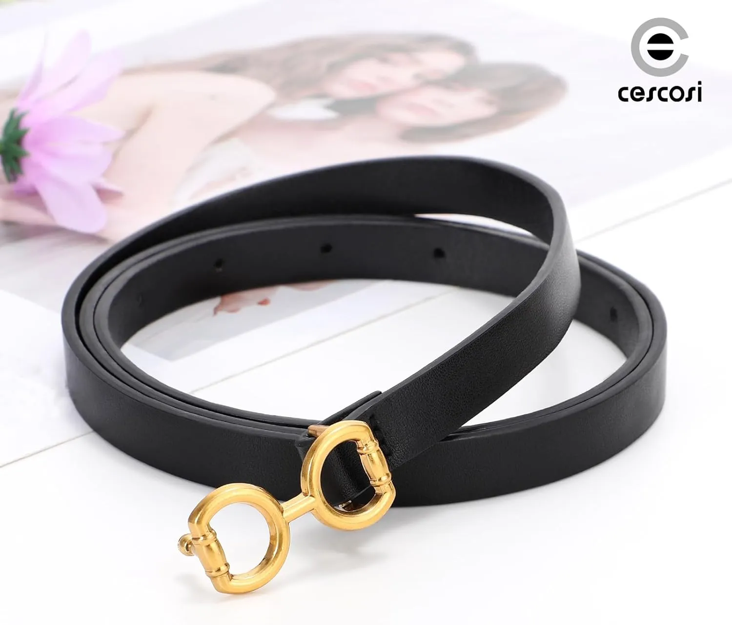 CESCOSI 4 Pack Skinny Women Leather Belt for Dresses Thin Waist Belt for Jeans Pants with Gold Buckle