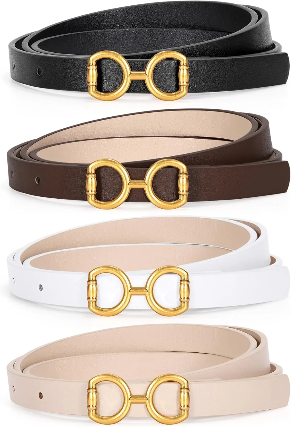 CESCOSI 4 Pack Skinny Women Leather Belt for Dresses Thin Waist Belt for Jeans Pants with Gold Buckle