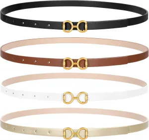 CESCOSI 4 Pack Skinny Women Leather Belt for Dresses Thin Waist Belt for Jeans Pants with Gold Buckle