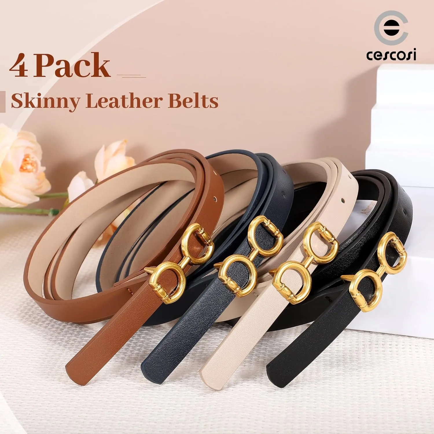 CESCOSI 4 Pack Skinny Women Leather Belt for Dresses Thin Waist Belt for Jeans Pants with Gold Buckle