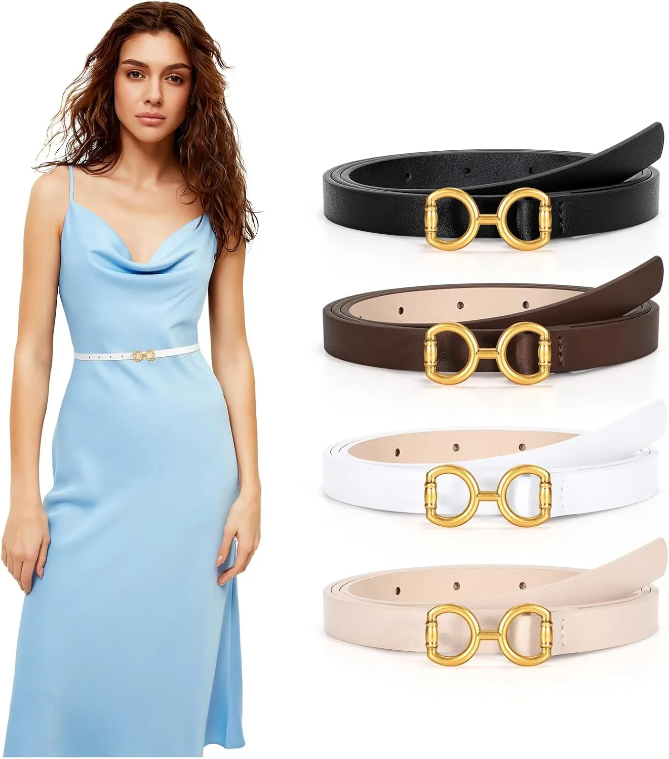 CESCOSI 4 Pack Skinny Women Leather Belt for Dresses Thin Waist Belt for Jeans Pants with Gold Buckle