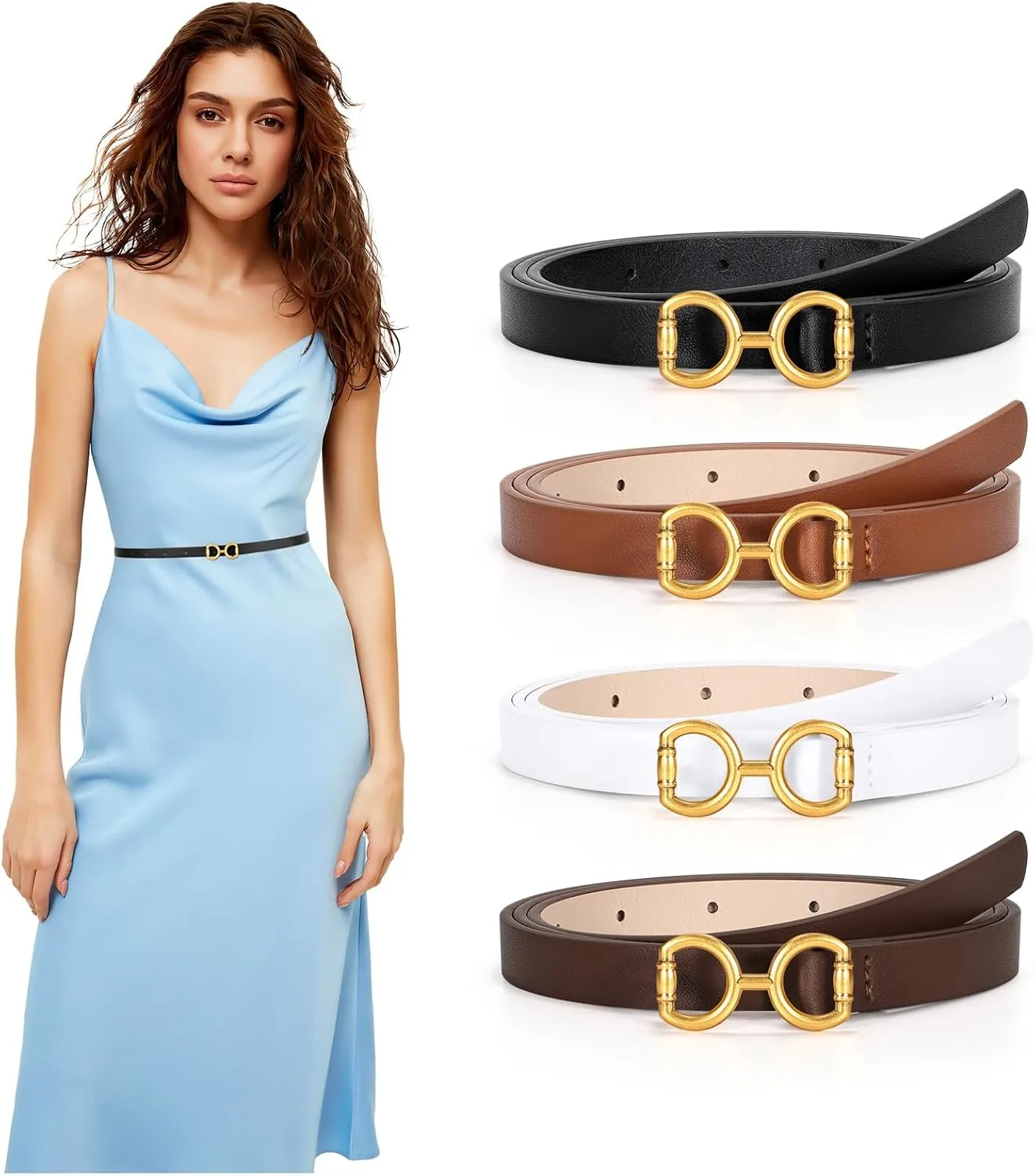CESCOSI 4 Pack Skinny Women Leather Belt for Dresses Thin Waist Belt for Jeans Pants with Gold Buckle