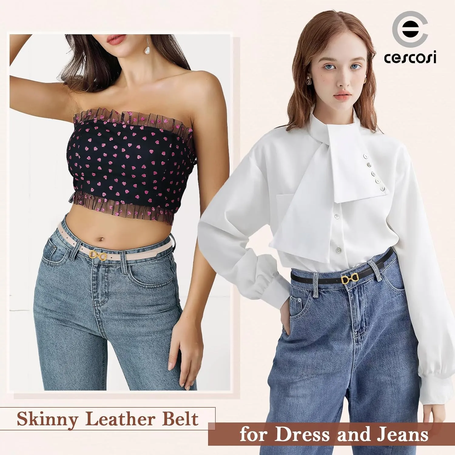 CESCOSI 4 Pack Skinny Women Leather Belt for Dresses Thin Waist Belt for Jeans Pants with Gold Buckle