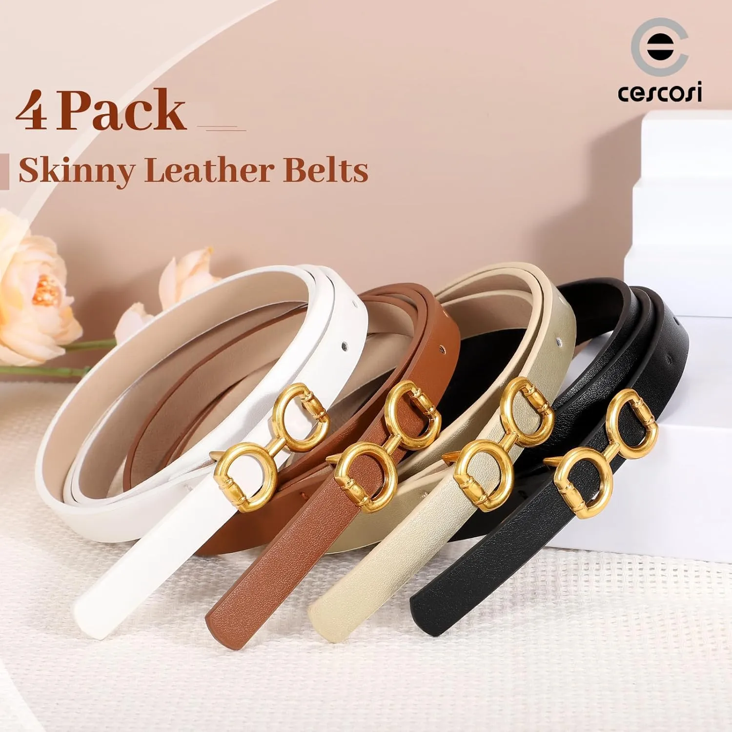 CESCOSI 4 Pack Skinny Women Leather Belt for Dresses Thin Waist Belt for Jeans Pants with Gold Buckle
