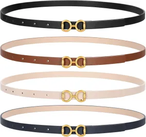 CESCOSI 4 Pack Skinny Women Leather Belt for Dresses Thin Waist Belt for Jeans Pants with Gold Buckle